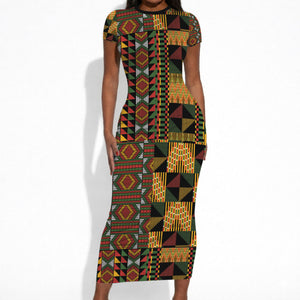 African American Quilt Kente Fusion Short Sleeve Bodycon Dress Version 2