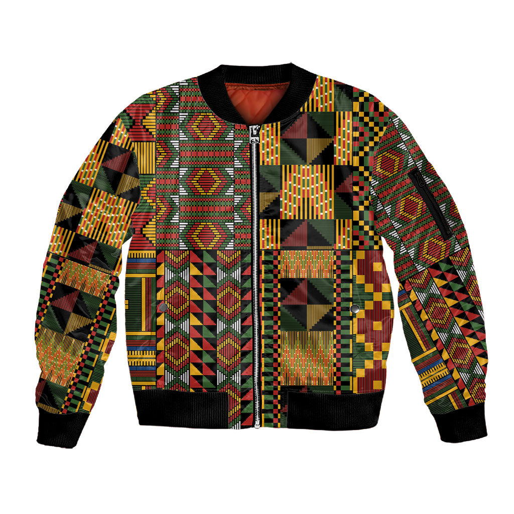 African American Quilt Kente Fusion Sleeve Zip Bomber Jacket Version 2