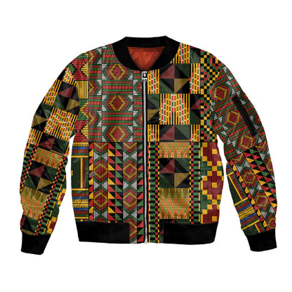 African American Quilt Kente Fusion Sleeve Zip Bomber Jacket Version 2