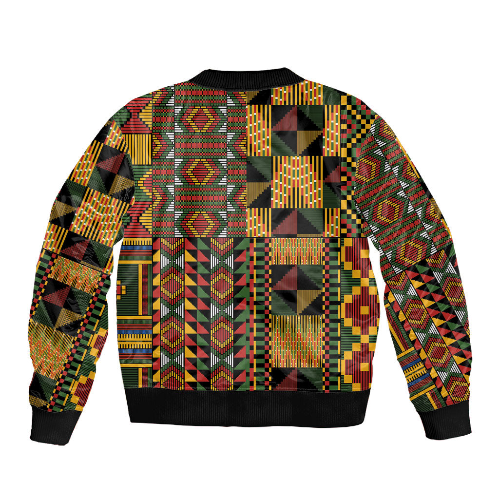 African American Quilt Kente Fusion Sleeve Zip Bomber Jacket Version 2