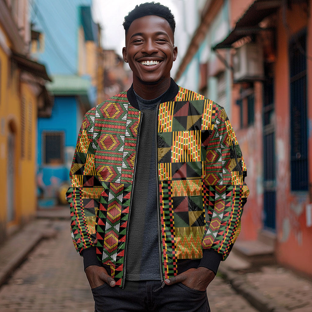 African American Quilt Kente Fusion Sleeve Zip Bomber Jacket Version 2