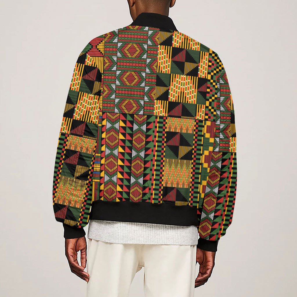 African American Quilt Kente Fusion Sleeve Zip Bomber Jacket Version 2
