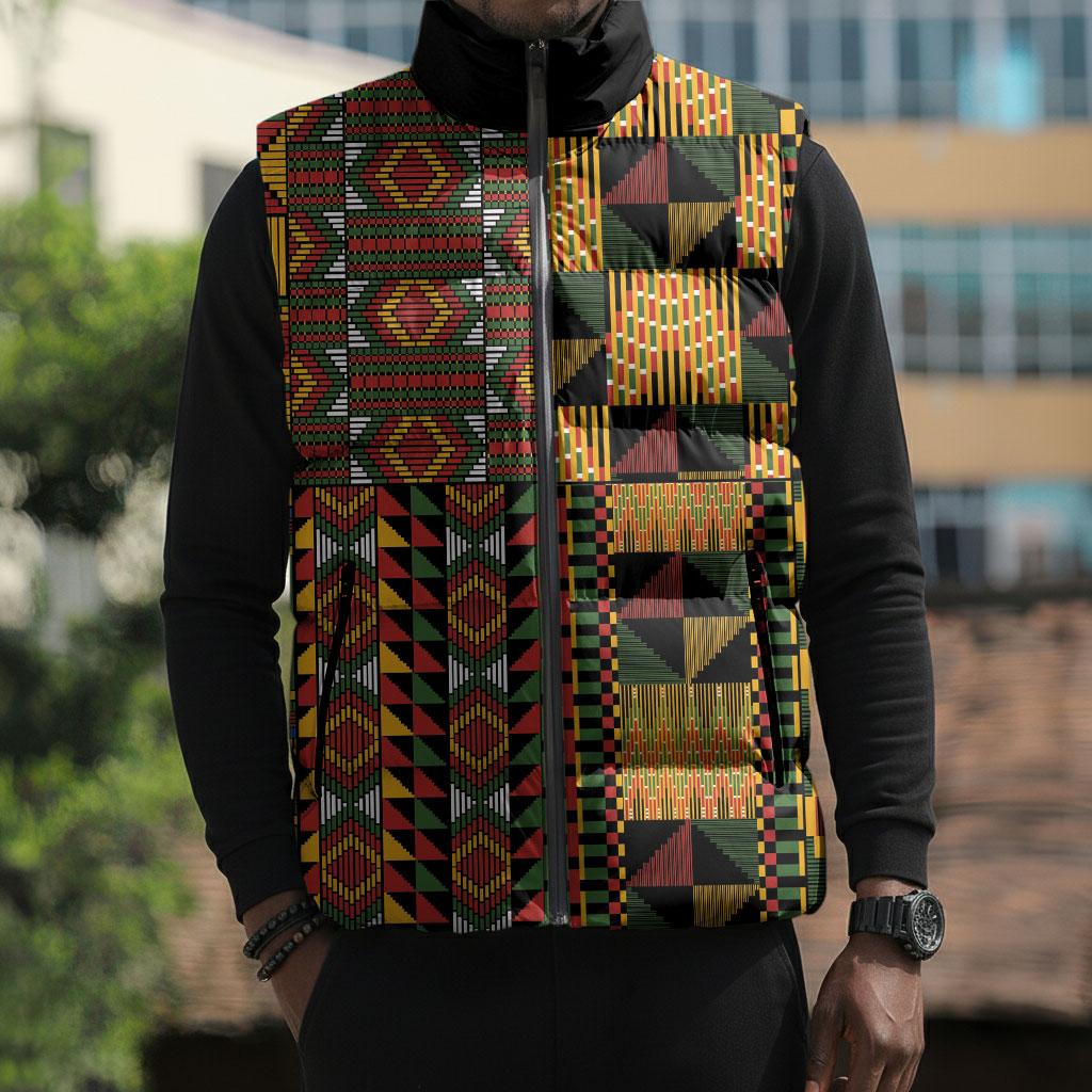 African American Quilt Kente Fusion Sleeveless Puffer Jacket Version 2