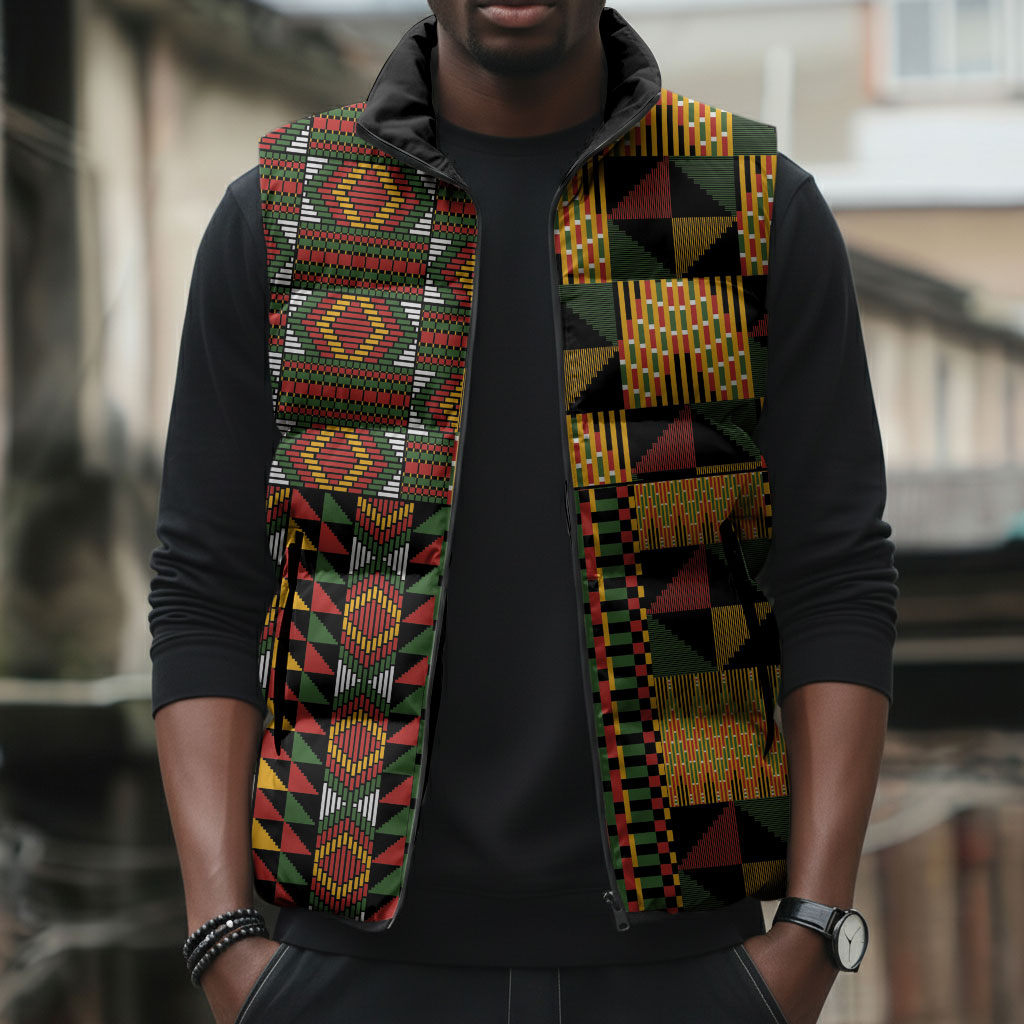 African American Quilt Kente Fusion Sleeveless Puffer Jacket Version 2