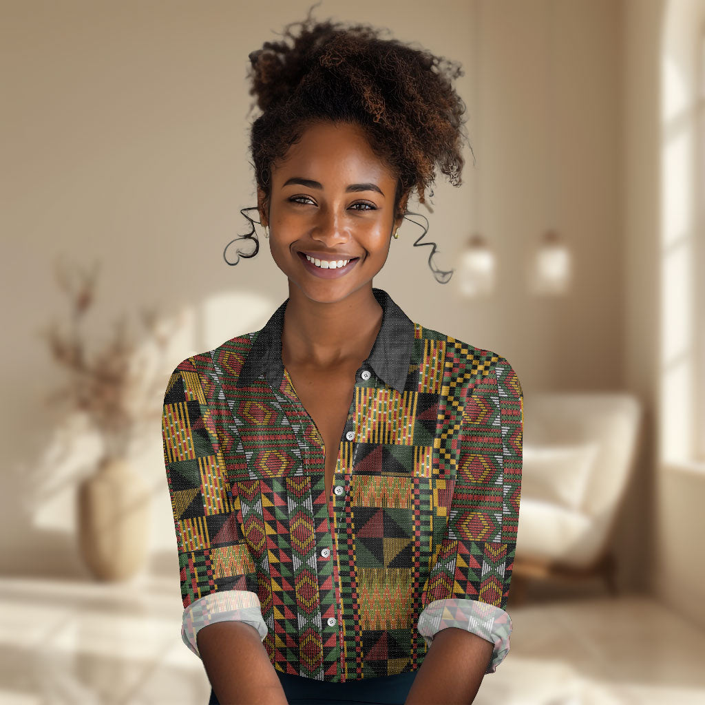 African American Quilt Kente Fusion Women Casual Shirt Version 2