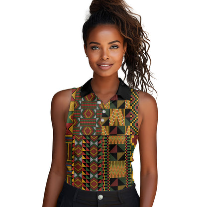 African American Quilt Kente Fusion Women Sleeveless Polo Shirt Version 2