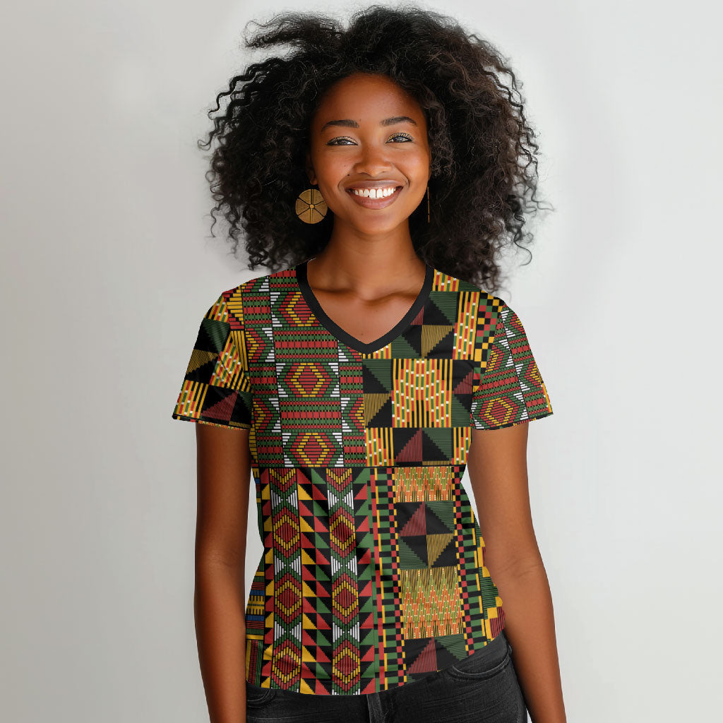 African American Quilt Kente Fusion Women V-Neck T-Shirt Version 2