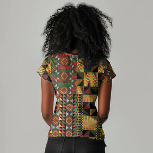 African American Quilt Kente Fusion Women V-Neck T-Shirt Version 2
