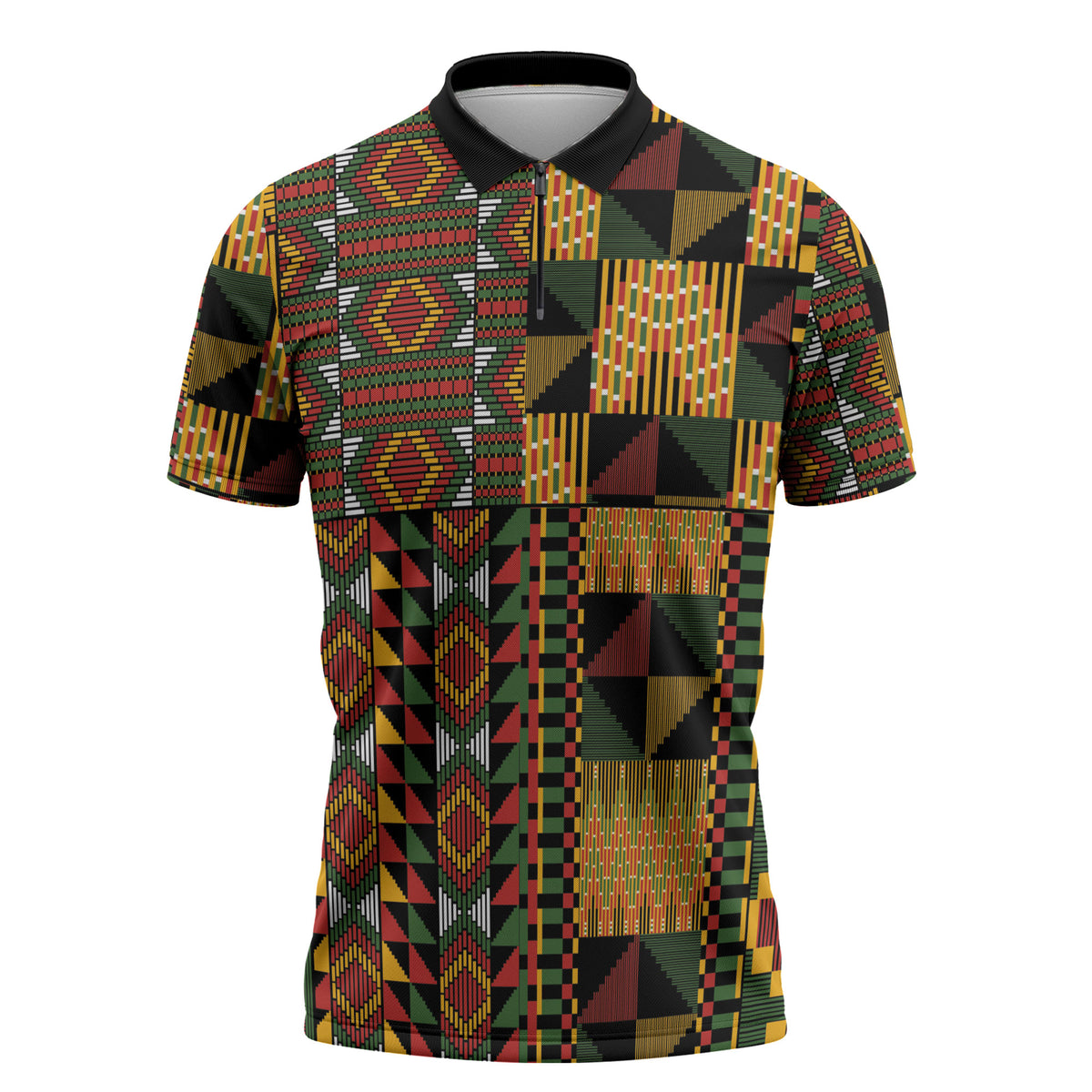 African American Quilt Kente Fusion Zipper Polo Shirt Version 2