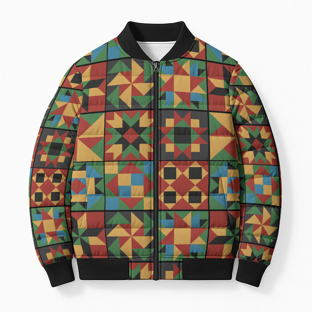 African American Quilt Inspired Bomber Puffer Jacket Freedom Quilt Symbolic Patchwork