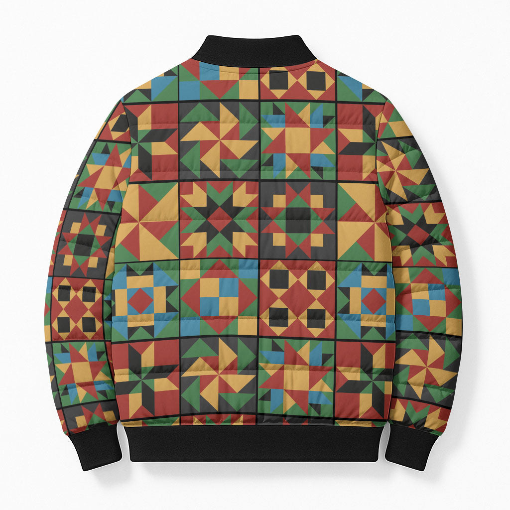 African American Quilt Inspired Bomber Puffer Jacket Freedom Quilt Symbolic Patchwork