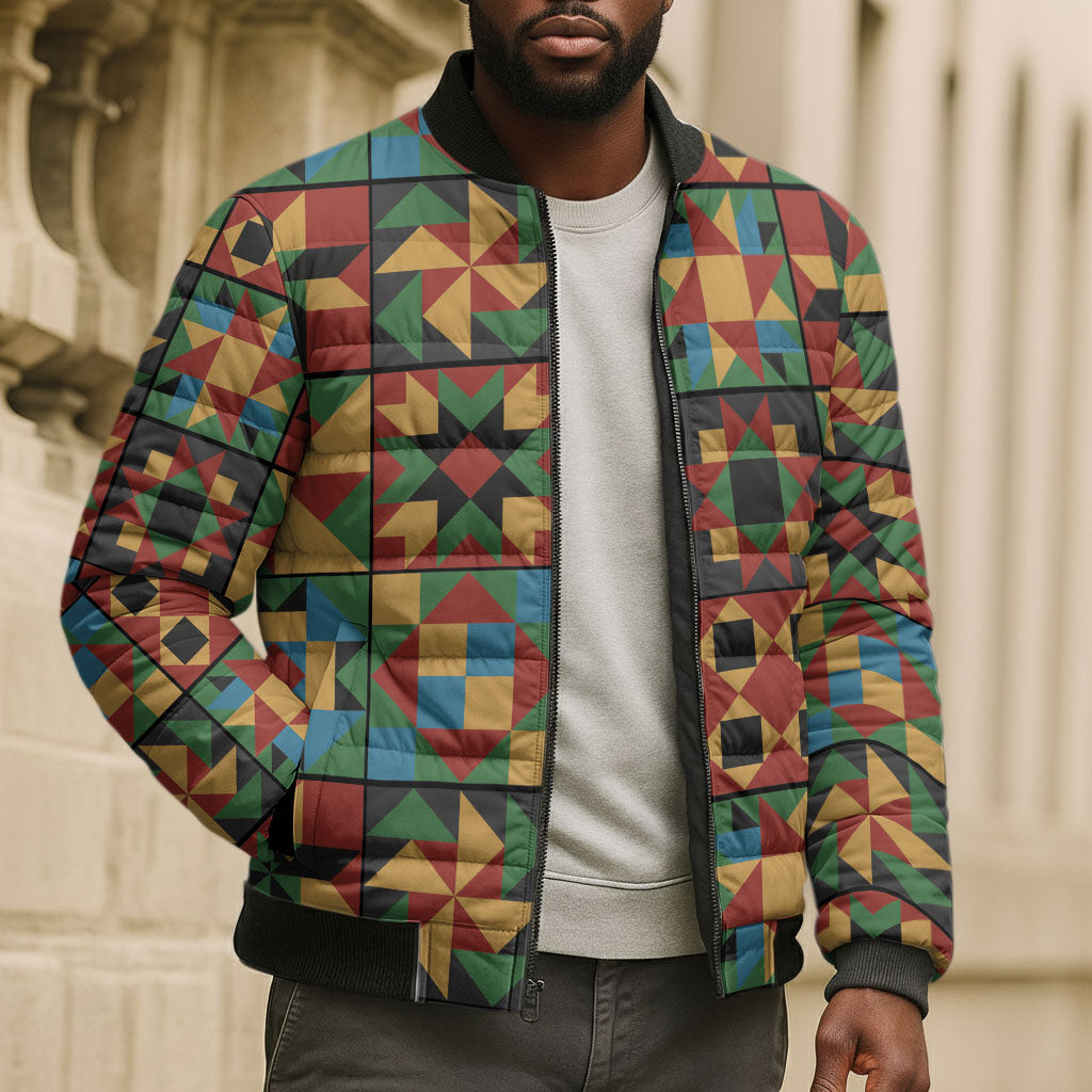 African American Quilt Inspired Bomber Puffer Jacket Freedom Quilt Symbolic Patchwork