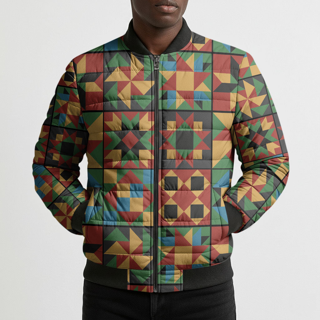 African American Quilt Inspired Bomber Puffer Jacket Freedom Quilt Symbolic Patchwork