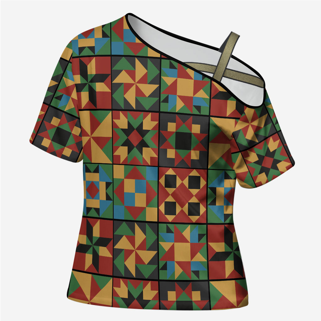 African American Quilt Inspired Cross Shoulder Shirt Freedom Quilt Symbolic Patchwork