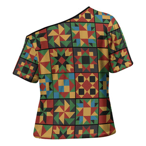African American Quilt Inspired Cross Shoulder Shirt Freedom Quilt Symbolic Patchwork