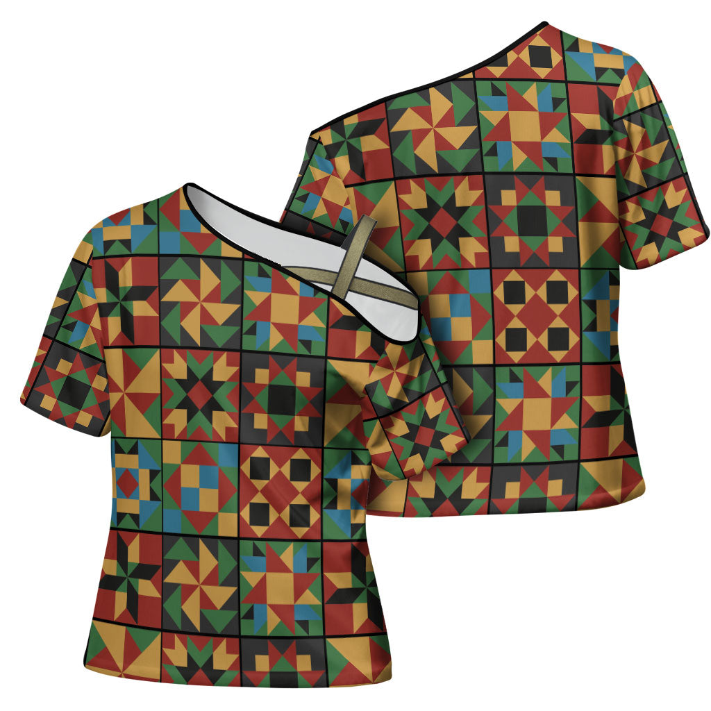 African American Quilt Inspired Cross Shoulder Shirt Freedom Quilt Symbolic Patchwork