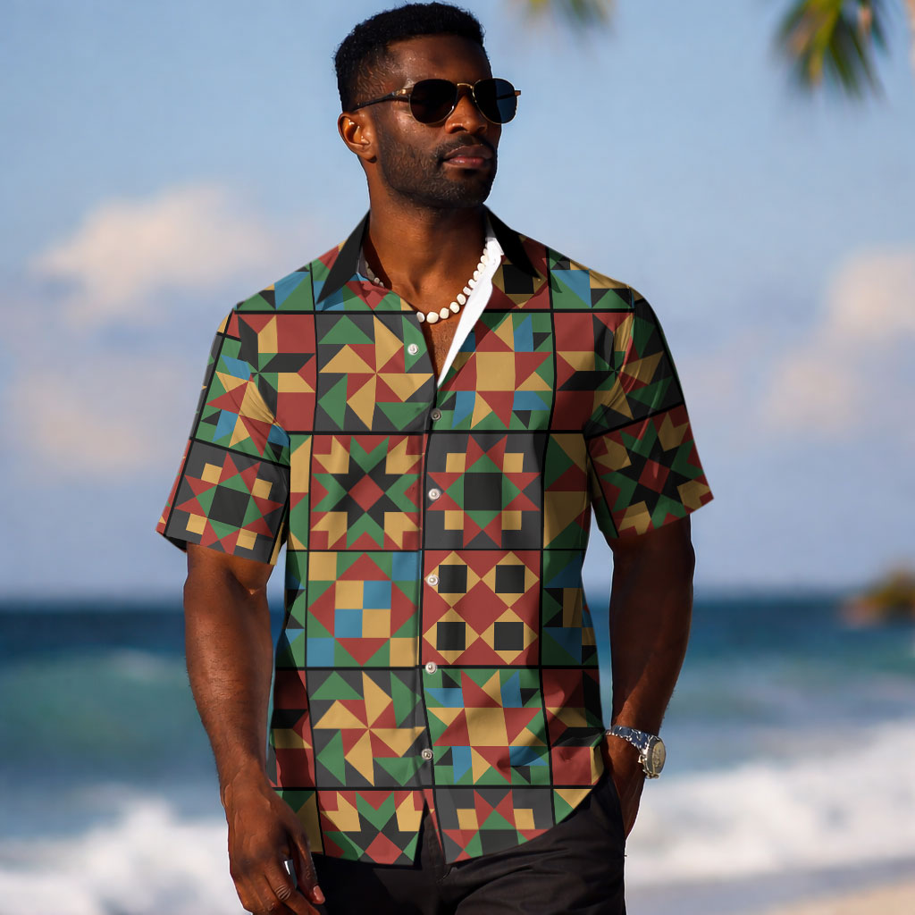 African American Quilt Inspired Hawaiian Shirt Freedom Quilt Symbolic Patchwork