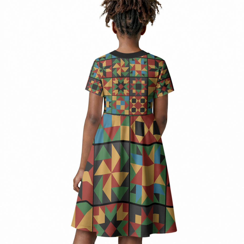 African American Quilt Inspired Kid Short Sleeve Dress Freedom Quilt Symbolic Patchwork