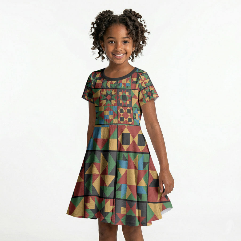 African American Quilt Inspired Kid Short Sleeve Dress Freedom Quilt Symbolic Patchwork
