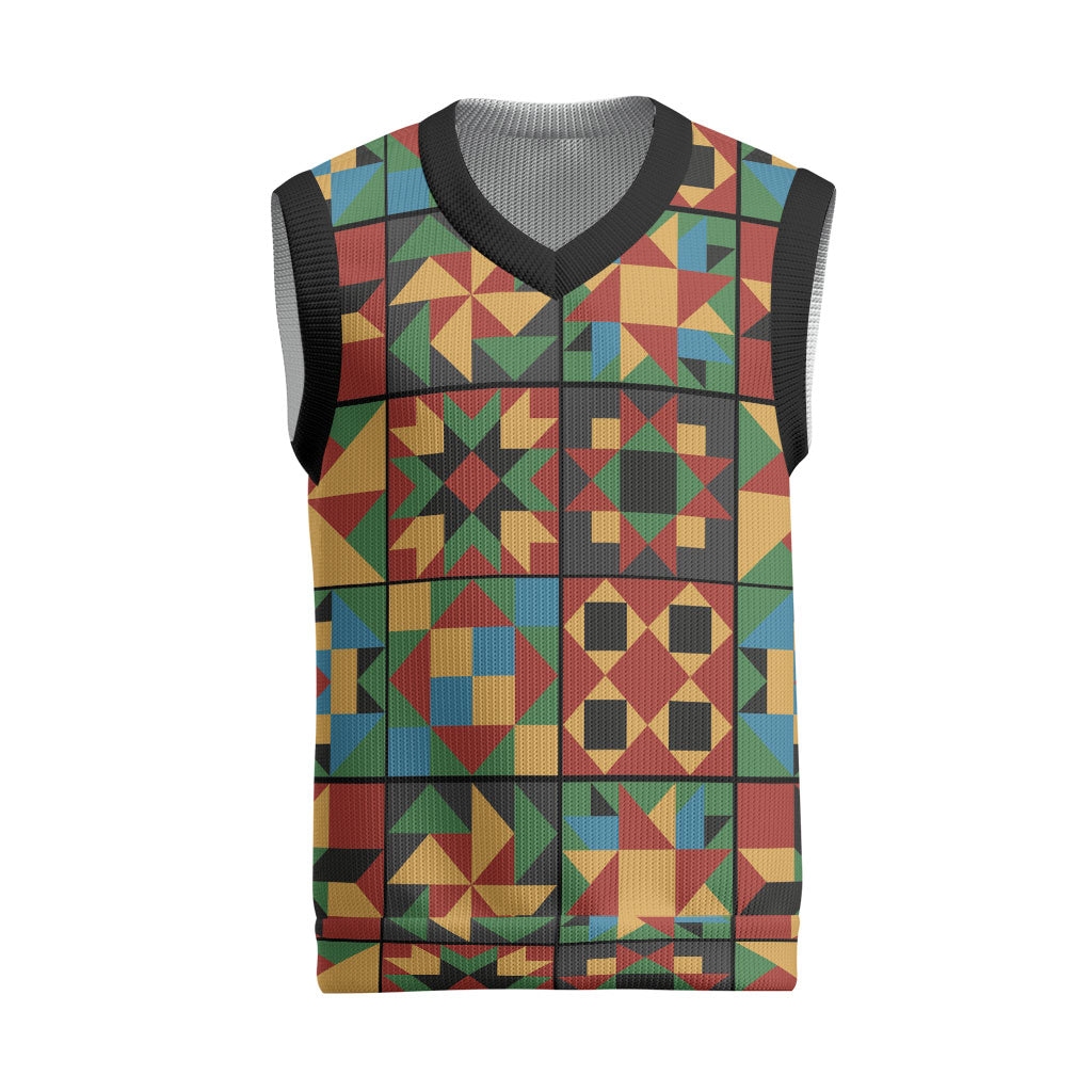 African American Quilt Inspired Christmas Knitted V-Neck Vest Freedom Quilt Symbolic Patchwork