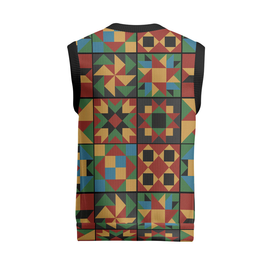African American Quilt Inspired Christmas Knitted V-Neck Vest Freedom Quilt Symbolic Patchwork