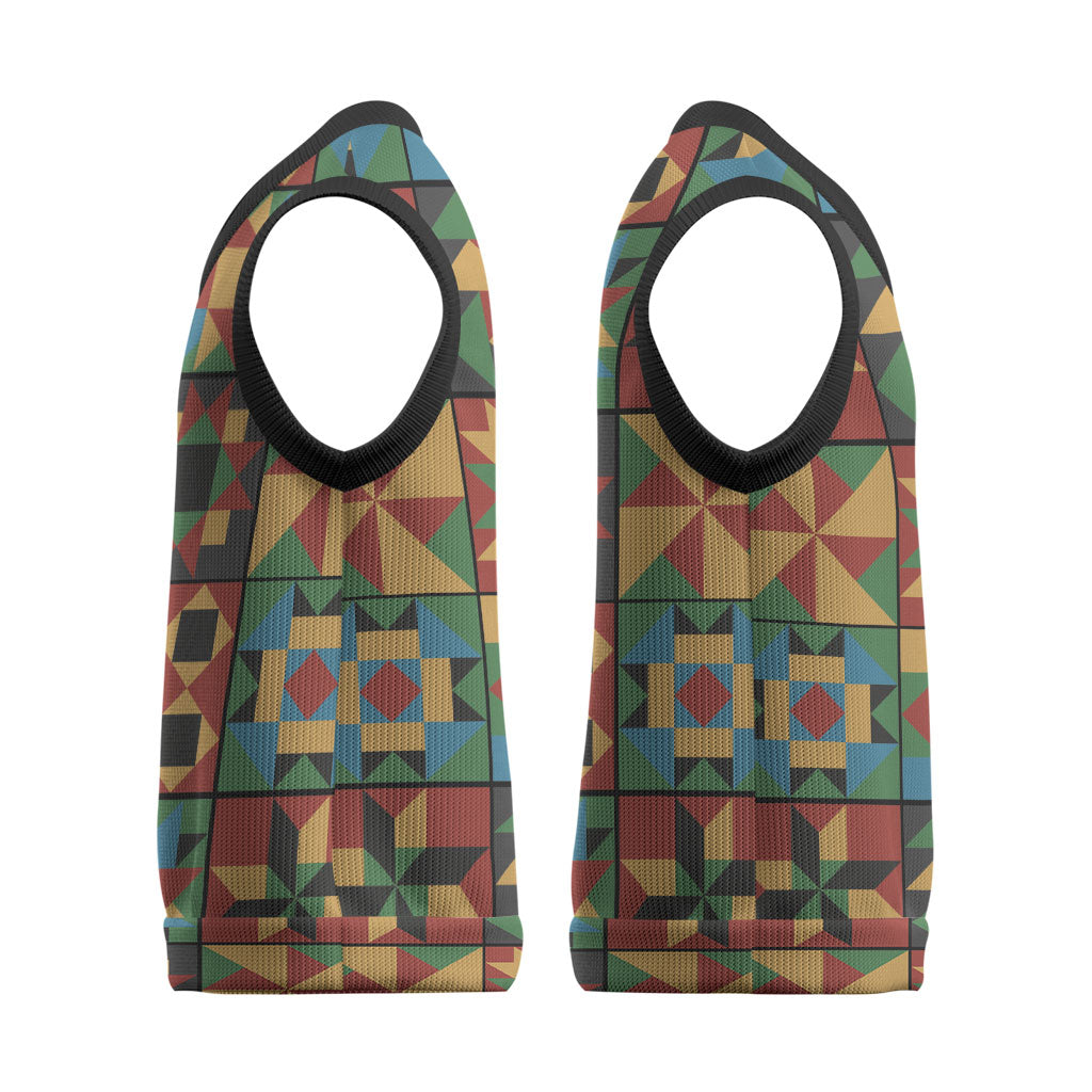 African American Quilt Inspired Christmas Knitted V-Neck Vest Freedom Quilt Symbolic Patchwork