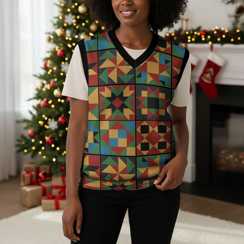 African American Quilt Inspired Christmas Knitted V-Neck Vest Freedom Quilt Symbolic Patchwork