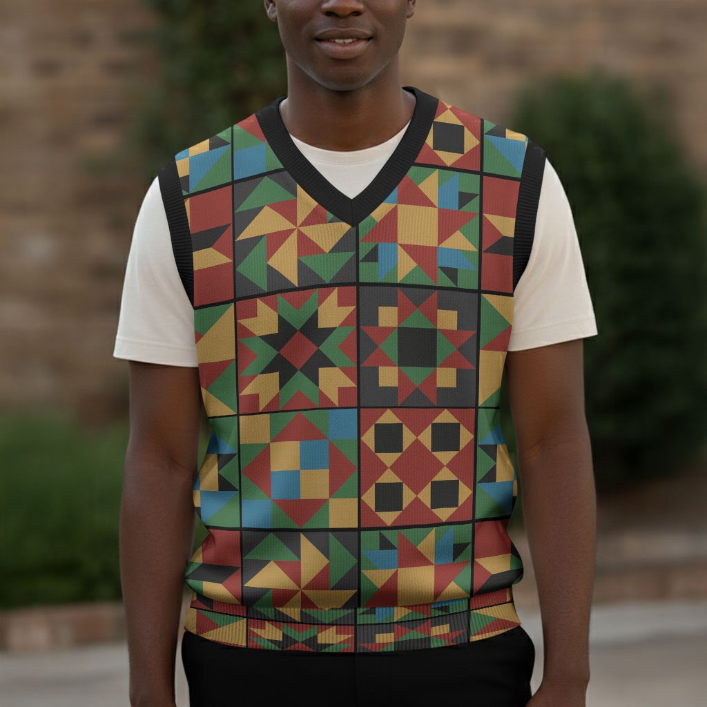 African American Quilt Inspired Christmas Knitted V-Neck Vest Freedom Quilt Symbolic Patchwork