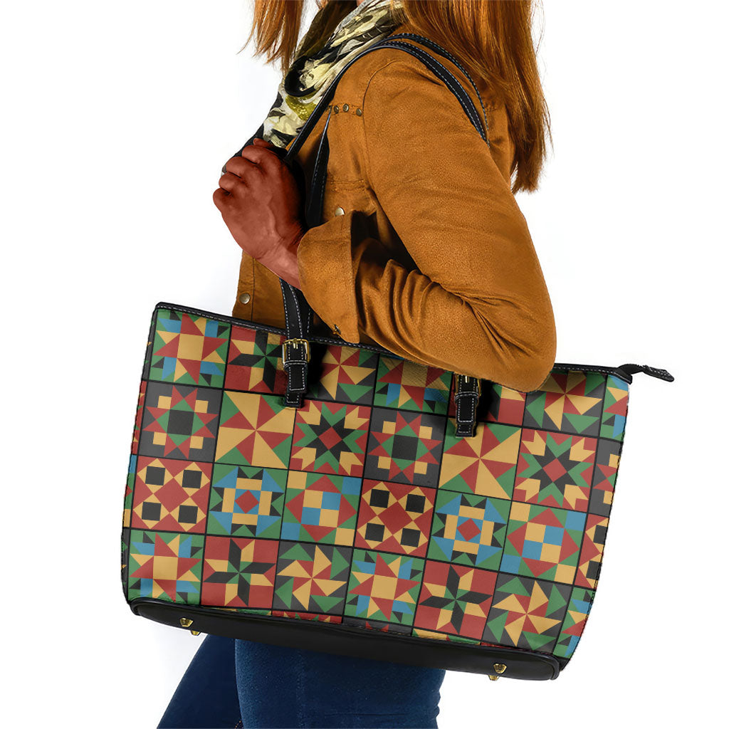 African American Quilt Inspired Leather Tote Bag Freedom Quilt Symbolic Patchwork