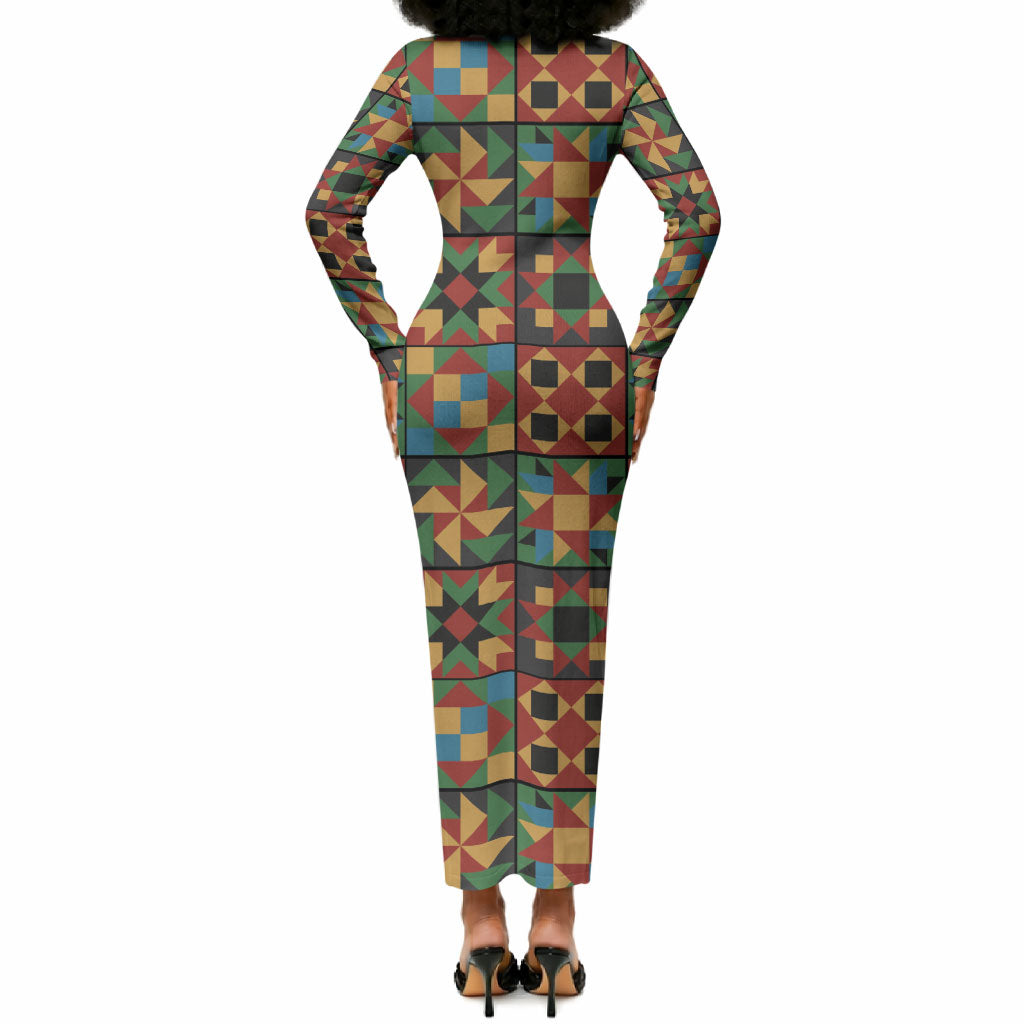 African American Quilt Inspired Long Sleeve Bodycon Dress Freedom Quilt Symbolic Patchwork