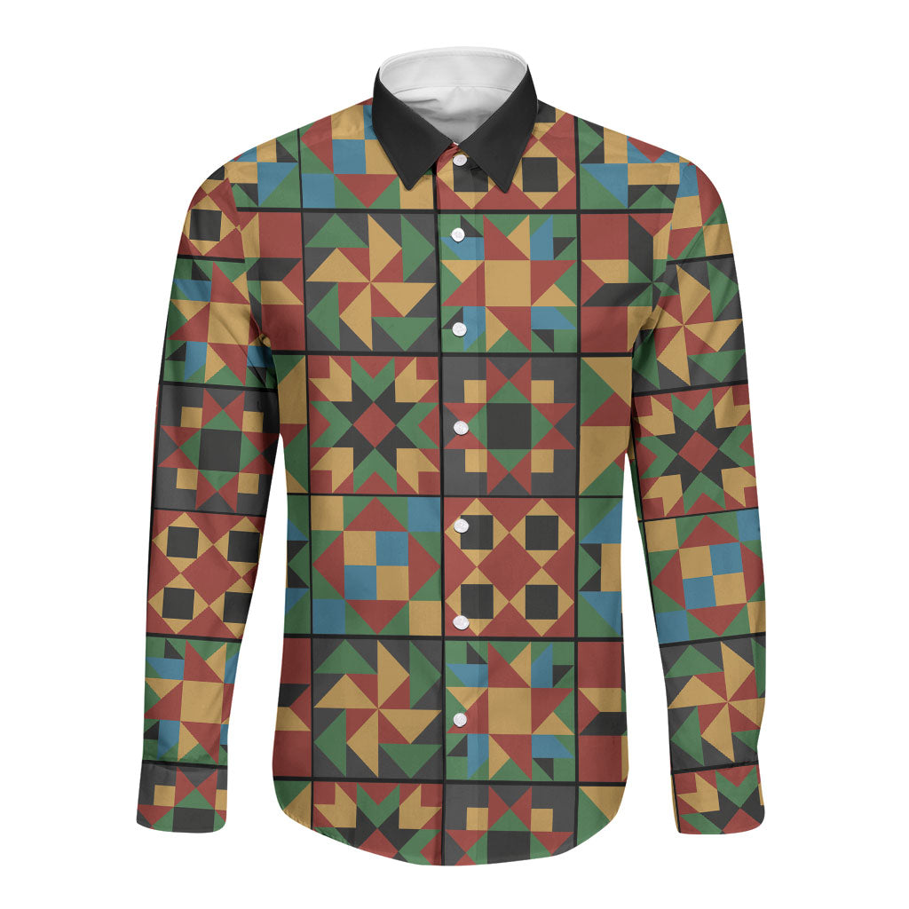 African American Quilt Inspired Long Sleeve Button Shirt Freedom Quilt Symbolic Patchwork