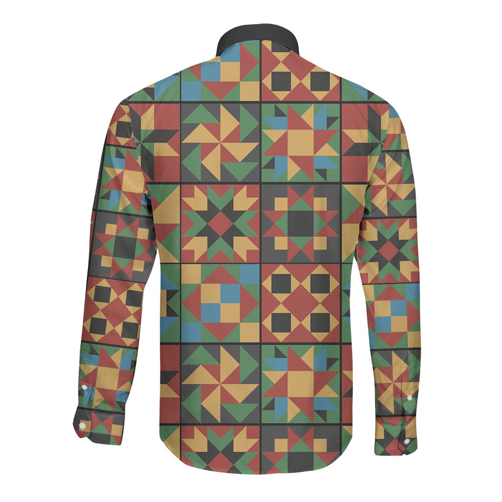 African American Quilt Inspired Long Sleeve Button Shirt Freedom Quilt Symbolic Patchwork