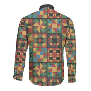 African American Quilt Inspired Long Sleeve Button Shirt Freedom Quilt Symbolic Patchwork