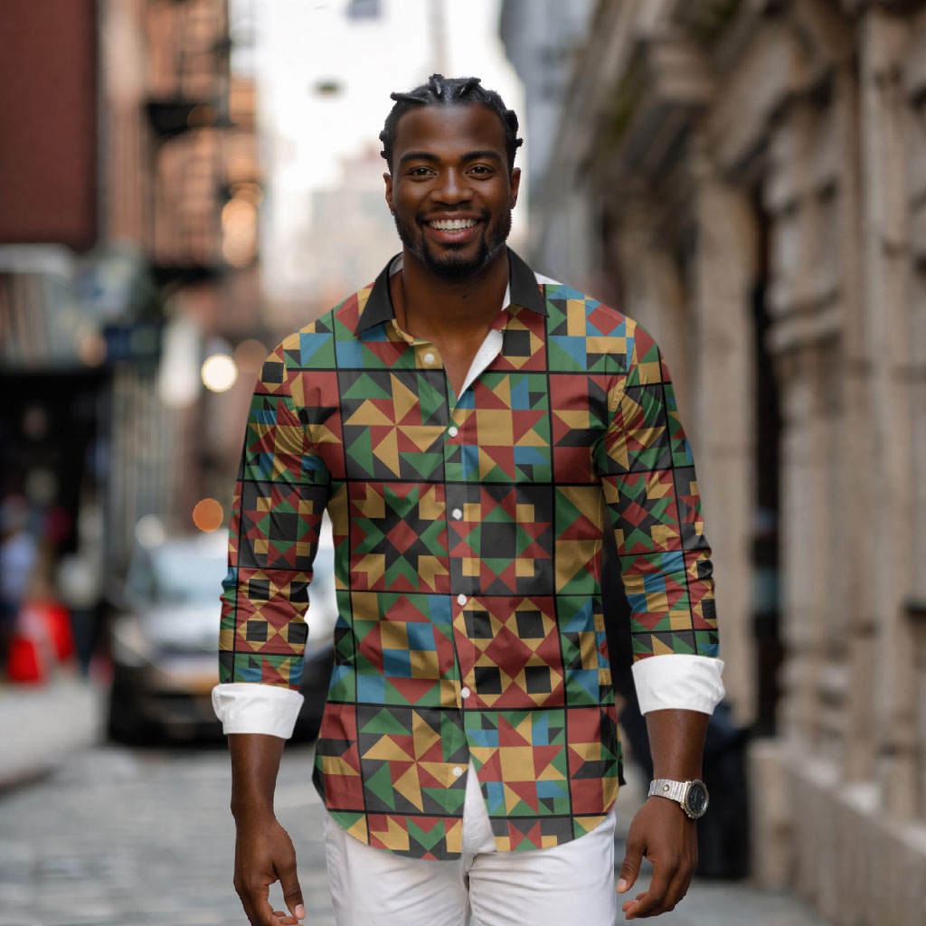 African American Quilt Inspired Long Sleeve Button Shirt Freedom Quilt Symbolic Patchwork