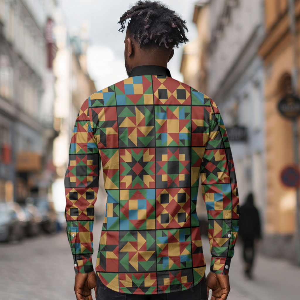 African American Quilt Inspired Long Sleeve Button Shirt Freedom Quilt Symbolic Patchwork