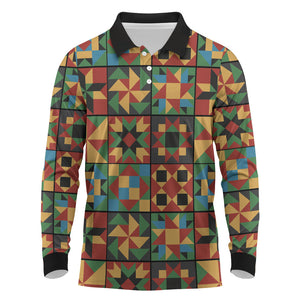 African American Quilt Inspired Long Sleeve Polo Shirt Freedom Quilt Symbolic Patchwork