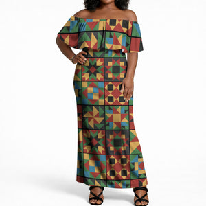 African American Quilt Inspired Off Shoulder Maxi Dress Freedom Quilt Symbolic Patchwork