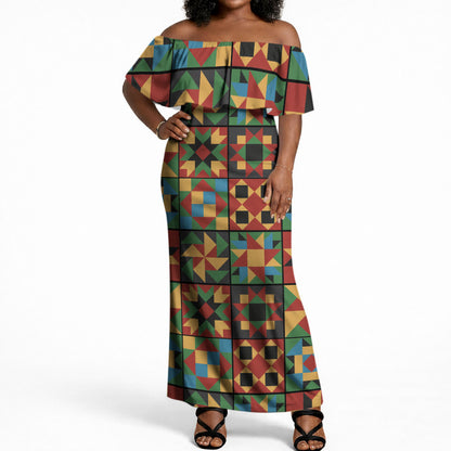 African American Quilt Inspired Off Shoulder Maxi Dress Freedom Quilt Symbolic Patchwork