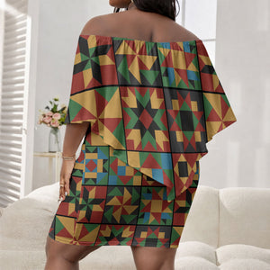 African American Quilt Inspired Off Shoulder Short Dress Freedom Quilt Symbolic Patchwork