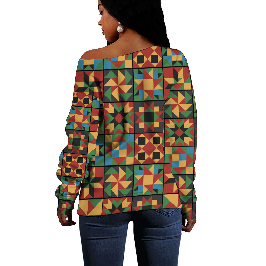 African American Quilt Inspired Off Shoulder Sweater Freedom Quilt Symbolic Patchwork