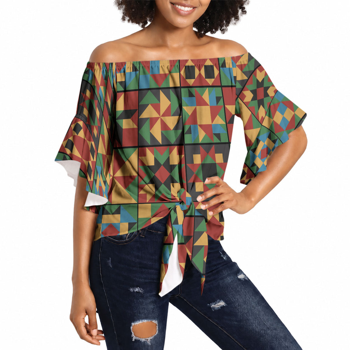 African American Quilt Inspired Off Shoulder Wrap Waist Top Freedom Quilt Symbolic Patchwork