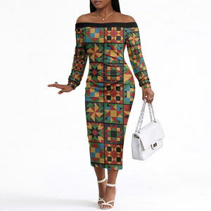 African American Quilt Inspired Off The Shoulder Long Sleeve Dress Freedom Quilt Symbolic Patchwork