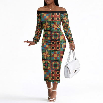 African American Quilt Inspired Off The Shoulder Long Sleeve Dress Freedom Quilt Symbolic Patchwork