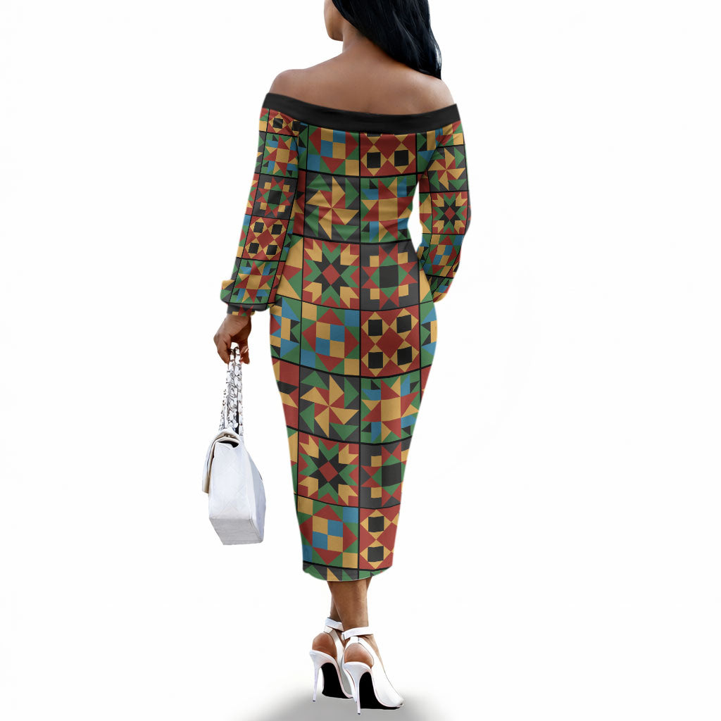 African American Quilt Inspired Off The Shoulder Long Sleeve Dress Freedom Quilt Symbolic Patchwork