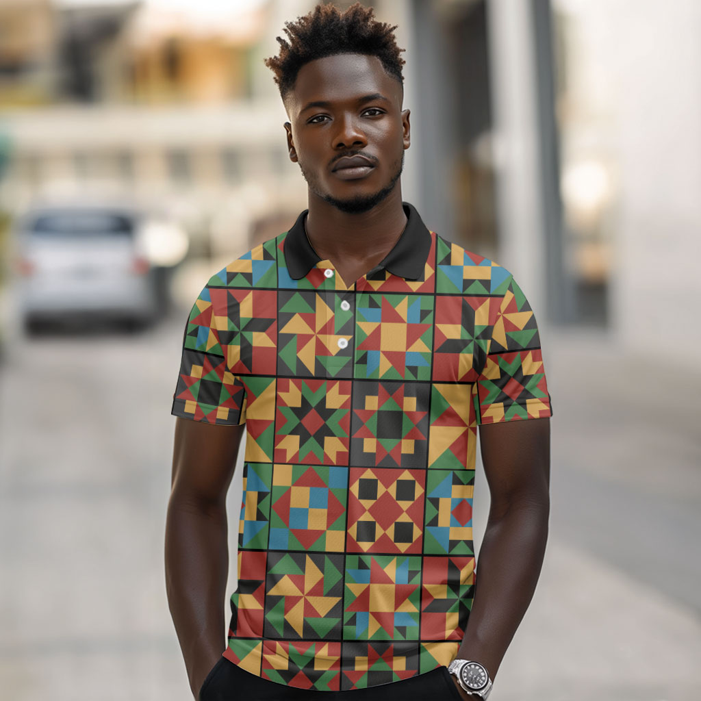 African American Quilt Inspired Polo Shirt Freedom Quilt Symbolic Patchwork