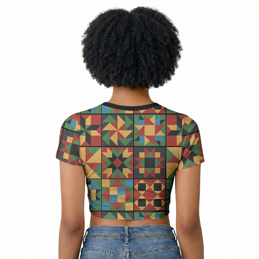 African American Quilt Inspired Raglan Cropped T shirt Freedom Quilt Symbolic Patchwork