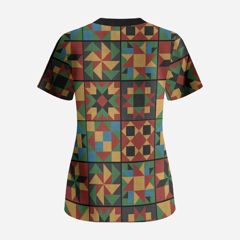 African American Quilt Inspired Scrub Top Freedom Quilt Symbolic Patchwork