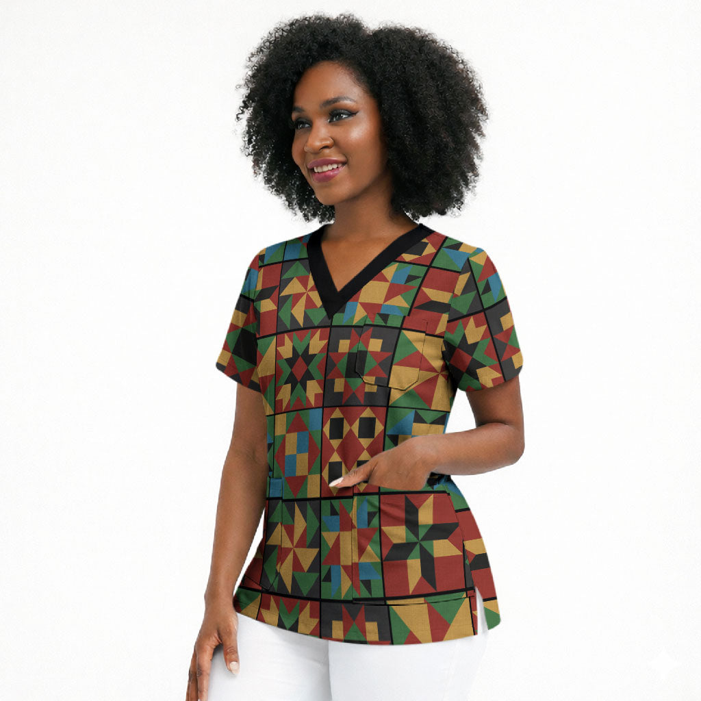 African American Quilt Inspired Scrub Top Freedom Quilt Symbolic Patchwork