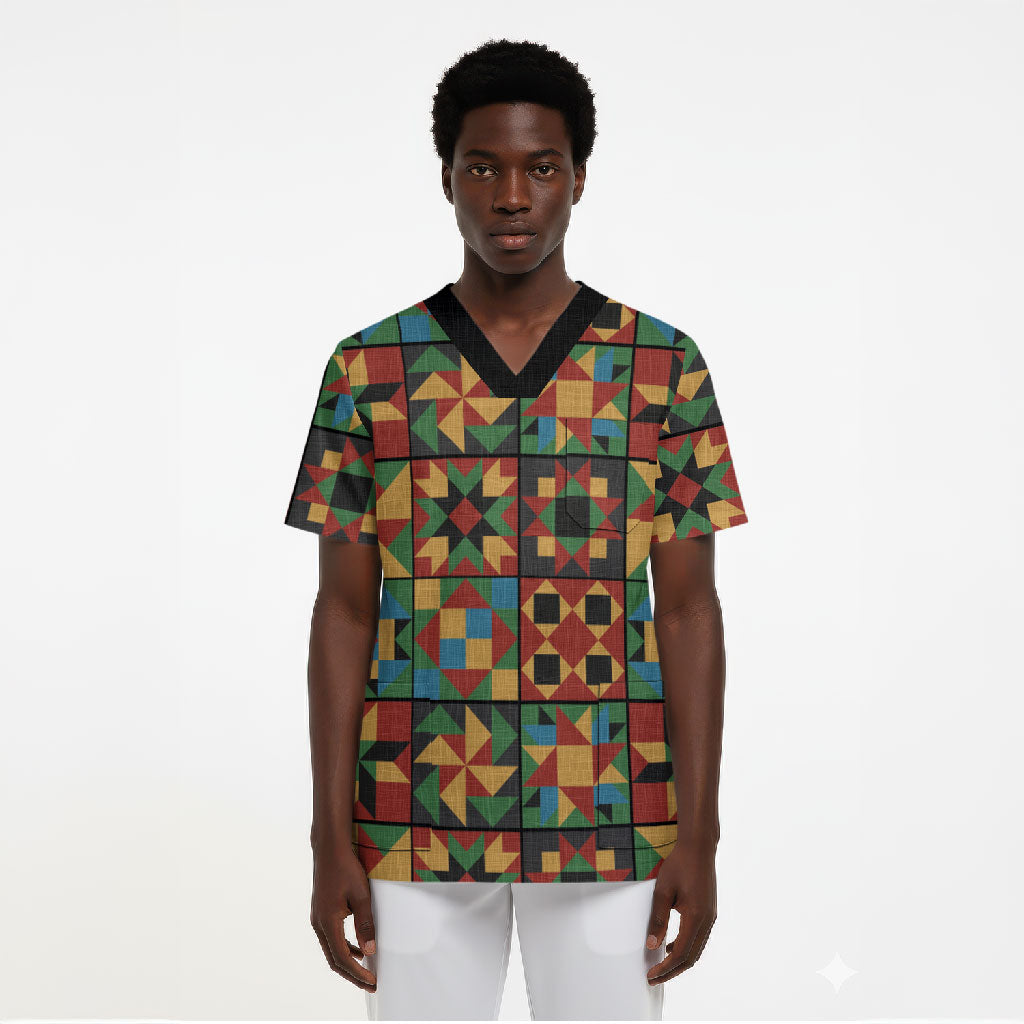African American Quilt Inspired Scrub Top Freedom Quilt Symbolic Patchwork