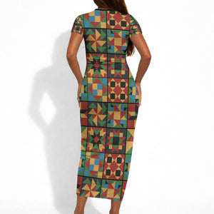 African American Quilt Inspired Short Sleeve Bodycon Dress Freedom Quilt Symbolic Patchwork